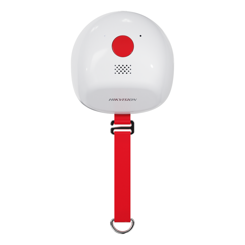 Sensor de Radar Hikvision IRS-BVSMR3-H3AG | Monitorização Não Contacto de Sinais Vitais Dispositivo de alarme de emergência branco com botão vermelho e faixa vermelha ajustável.