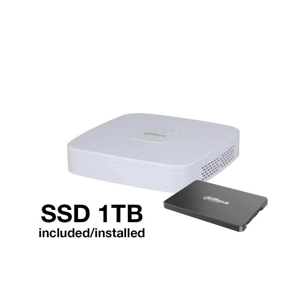 Gravador 5 em 1 Dahua XVR5104C: Sistema de Segurança Híbrido (HD-CVI/TVI/AHD/IP) | lojaCCTVPro Dispositivo eletrônico branco Dahua com unidade SSD preta e texto informativo