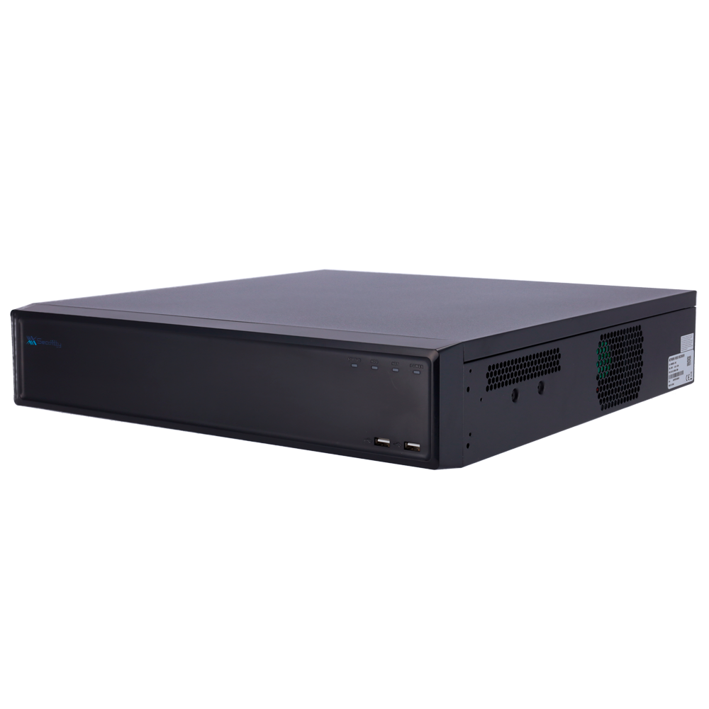 NVR X-SECURITY 32 Canais 16MP 4K WizSense | Gravador Profissional de Vídeo IP Aparelho eletrónico preto retangular com ventoinha lateral e luzes indicadoras frontais