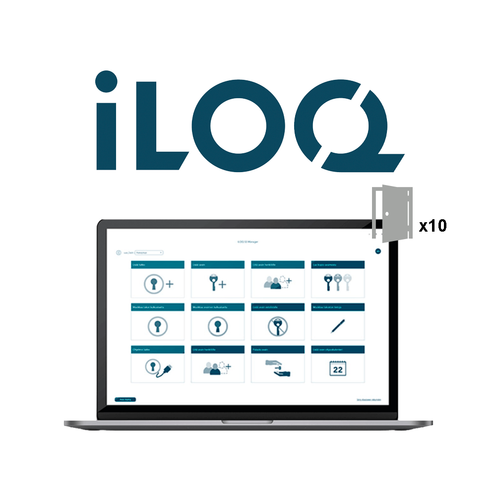 Licença iLOQ para 10 Portas - Software de Controlo de Acesso Interface digital iLOQ num computador portátil com ícones de chaves e utilizadores.