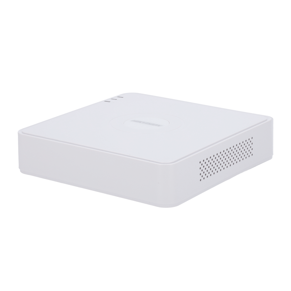 Gravador NVR IP Hikvision 8 Canais 6MP DS-7108NI-Q1(D) Dispositivo quadrado branco com ventilação lateral e indicadores no topo