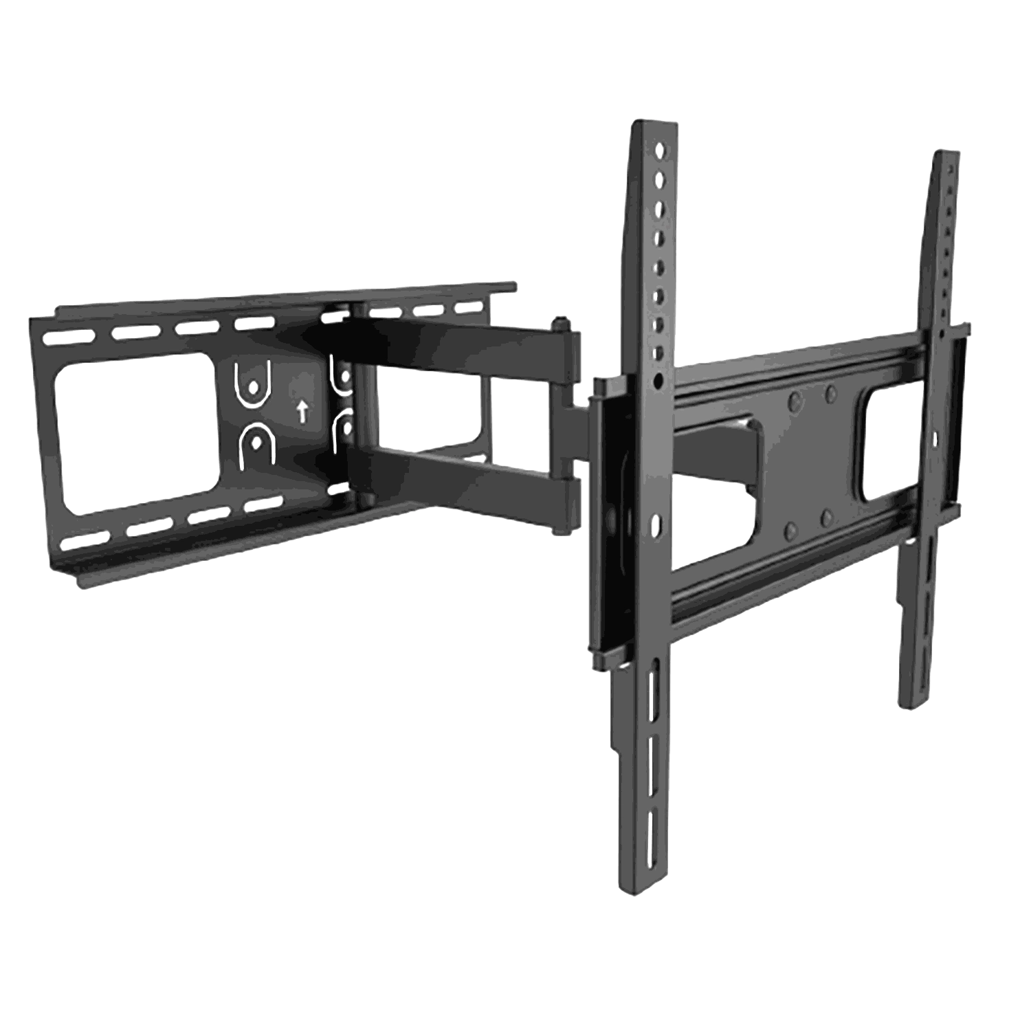 Suporte de Parede A-CCTV | Montagem Ajustável para Monitores VESA 32" a 55" | 50kg Suporte de parede articulado para televisão preto em metal com orifícios e setas.
