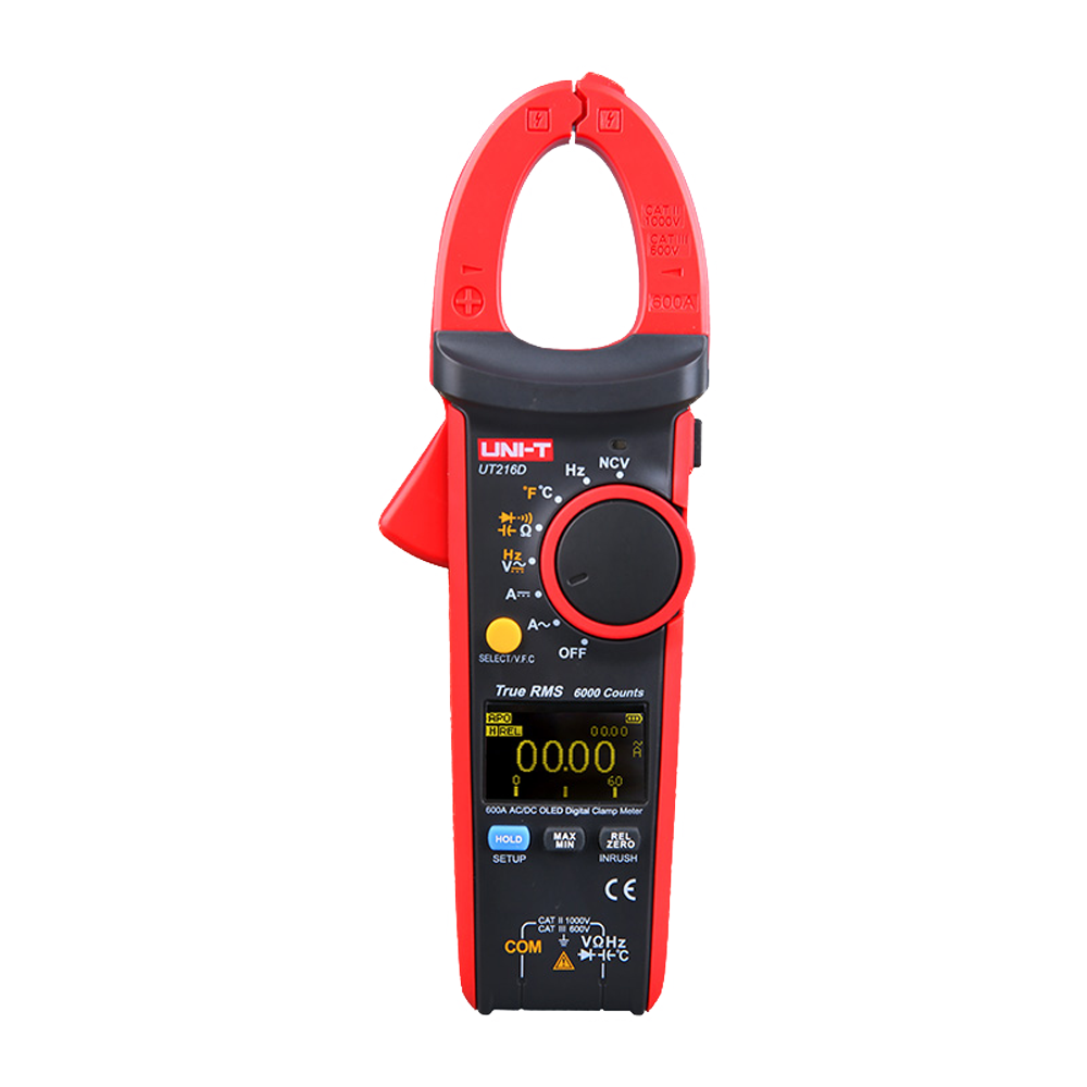 Pinça Amperimétrica Digital UNI-T UT216D True RMS AC/DC 600A Multímetro tipo pinça digital UNI-T UT216D preto e vermelho com visor OLED e botões coloridos