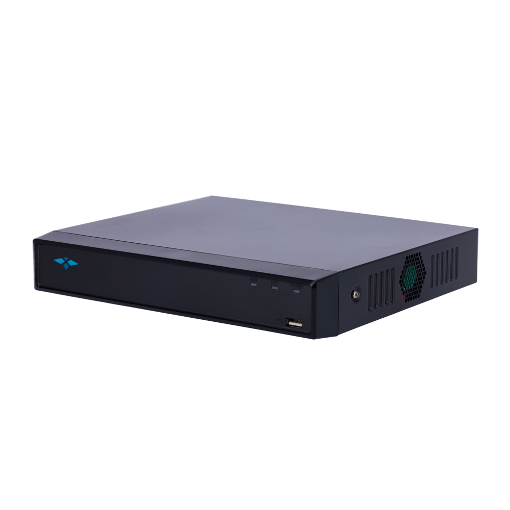 Gravador NVR 4 Canais PoE X-SECURITY 12MP H.265 Leitor digital preto com porta USB e indicadores LED