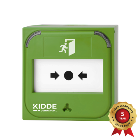Pulsador Manual Inteligente Kidde Série Excellence | Direcionável para Alarmes Dispositivo de alarme de incêndio verde com símbolos de emergência e selo de garantia 5 anos.