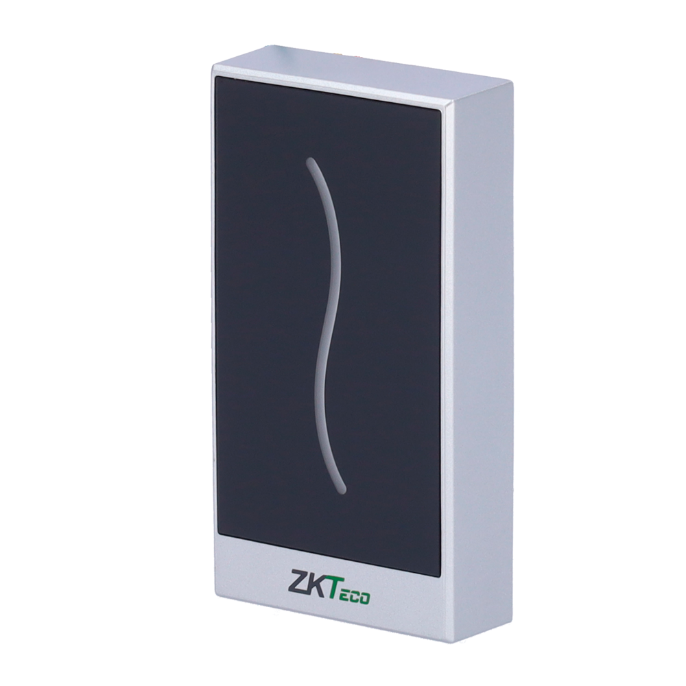 Leitor de Acesso ZKTECO MF Wiegand IP65 para Exterior Leitor de controlo de acesso ZKTeco cinza com frontal preto e fios coloridos.