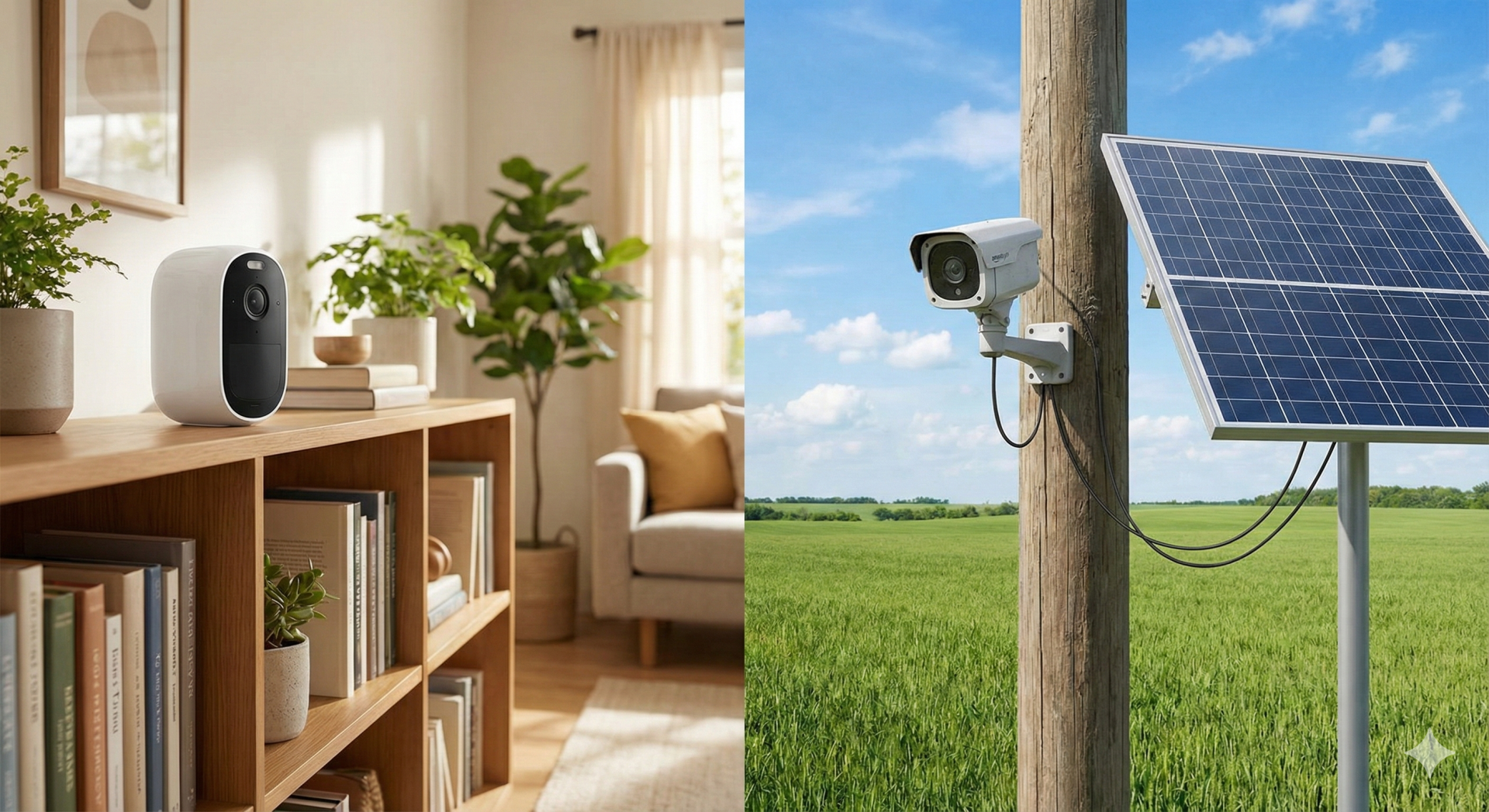 Duas câmaras de segurança, uma interior em estante com livros e plantas, outra exterior montada em poste com painel solar em campo verde.