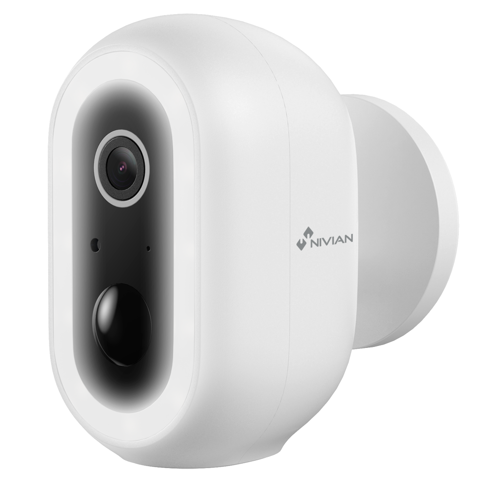 Câmara WiFi 2K Bateria NIVIAN NVS-IPC-04-BAT | Detecção PIR Exterior IP65 Câmara de vigilância branca com lente preta e logótipo NIVIAN