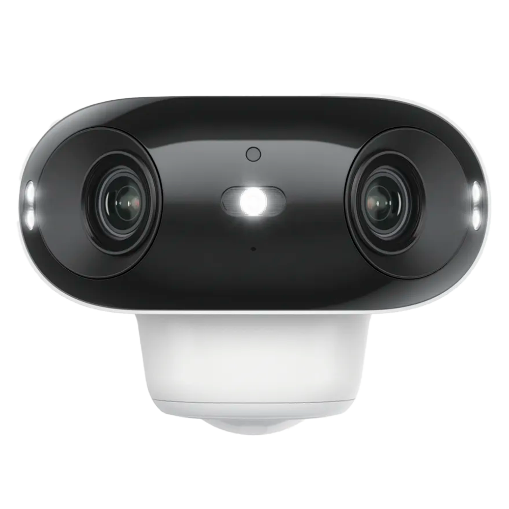 Câmara Reolink Argus B740X WiFi Bateria 8MP Lente Dupla 180º Câmara de vigilância branca com duas lentes e LEDs acesos na frente