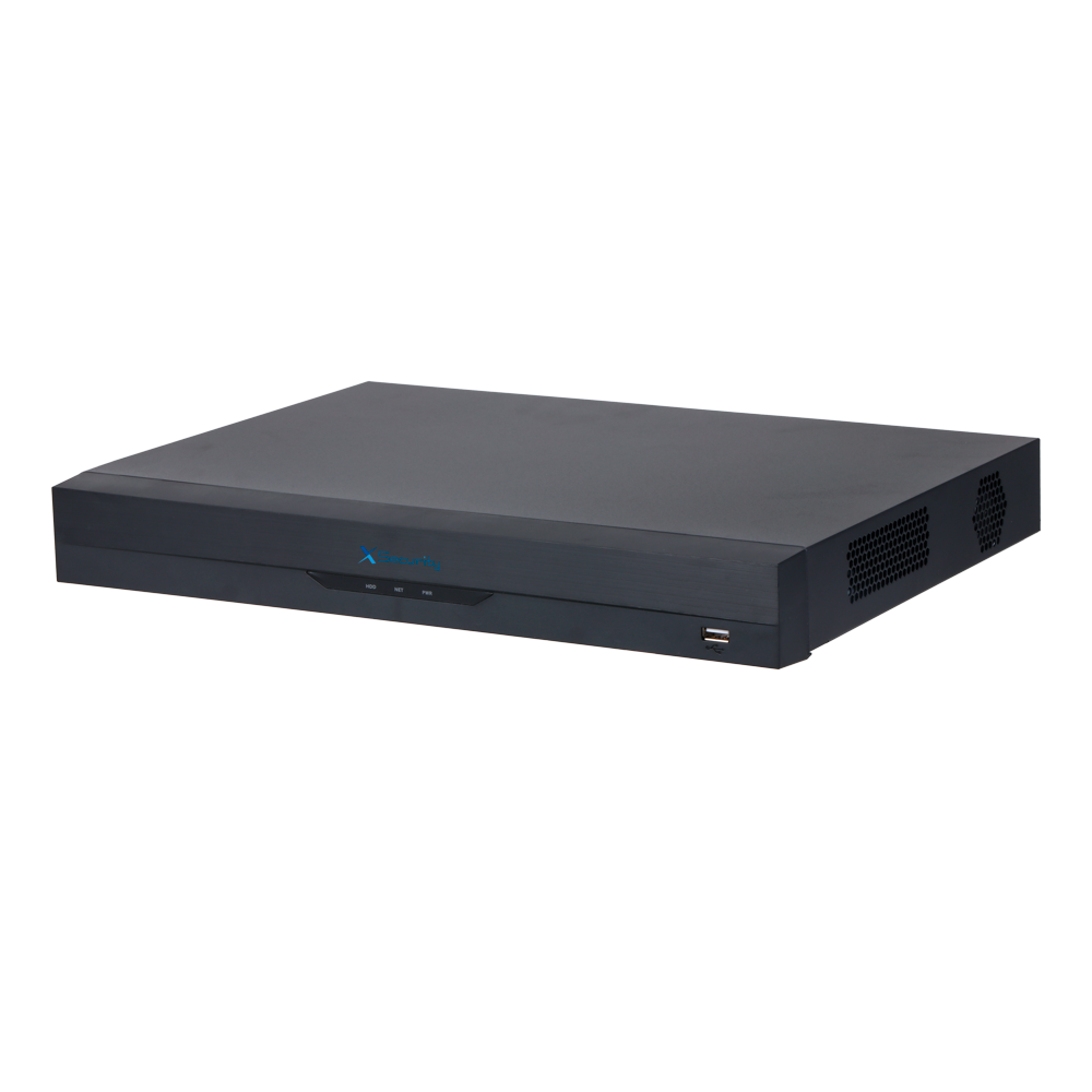 Gravador XVR 5n1 X-Security 32CH Híbrido com IA Avançada Gravador digital de vídeo preto com texto azul e indicadores LED
