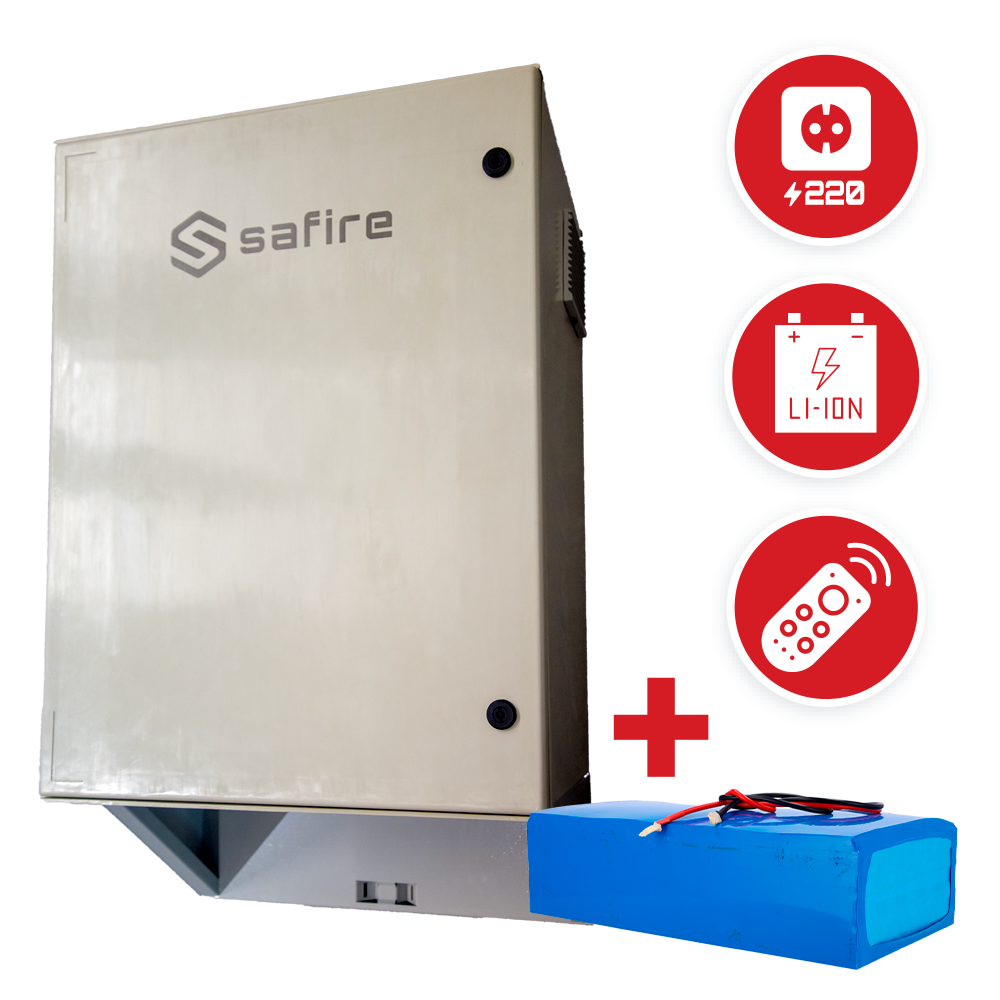 Smartbox Safire IP55 4800Wh | Armário de Alimentação PoE para Energia Autónoma Equipamento de segurança Safire bege com bateria azul e ícones explicativos em fundo branco