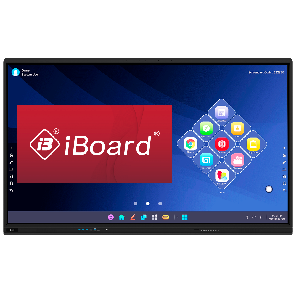 Monitor Interativo IBOARD 65'' 4K Android 14 - IB-TE-MP-65E1-V3 Ecrã digital interativo iBoard com interface azul e ícones coloridos de aplicações