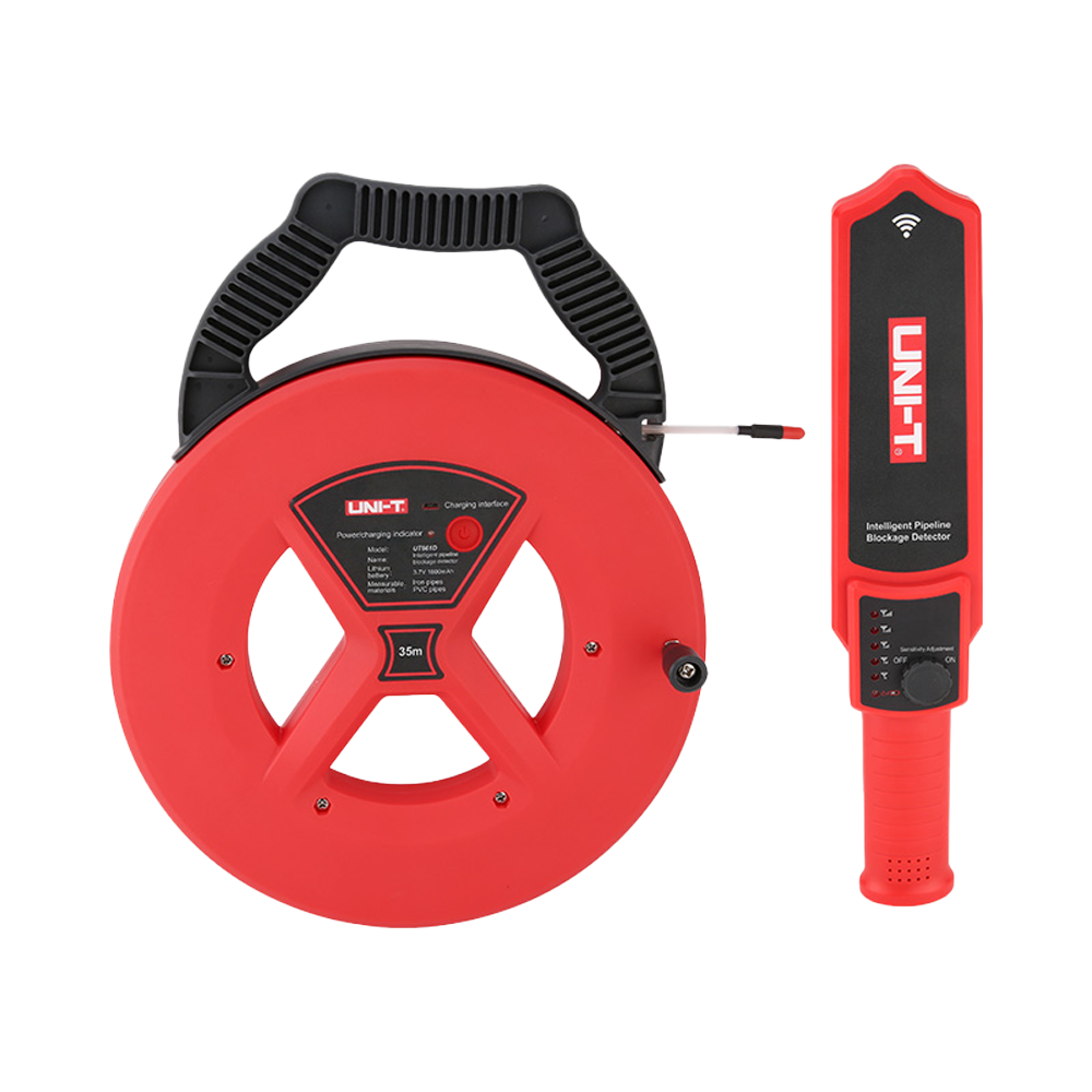 Detetor de Obstrução UNI-T UT661D - Localizador Profissional de Condutas até 35m (IP67) Detector de bloqueios em tubulações UNI-T vermelho e preto com bobina e dispositivo manual