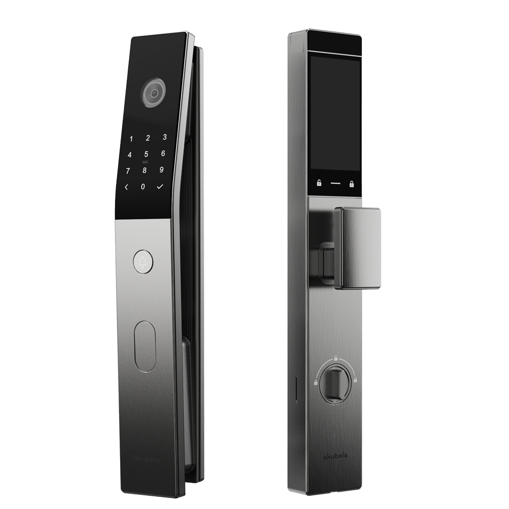 Akuvox SL60: Fechadura Inteligente Facial WiFi IP65 para Segurança Avançada Fechadura digital moderna prateada e preta com teclado numérico e display táctil