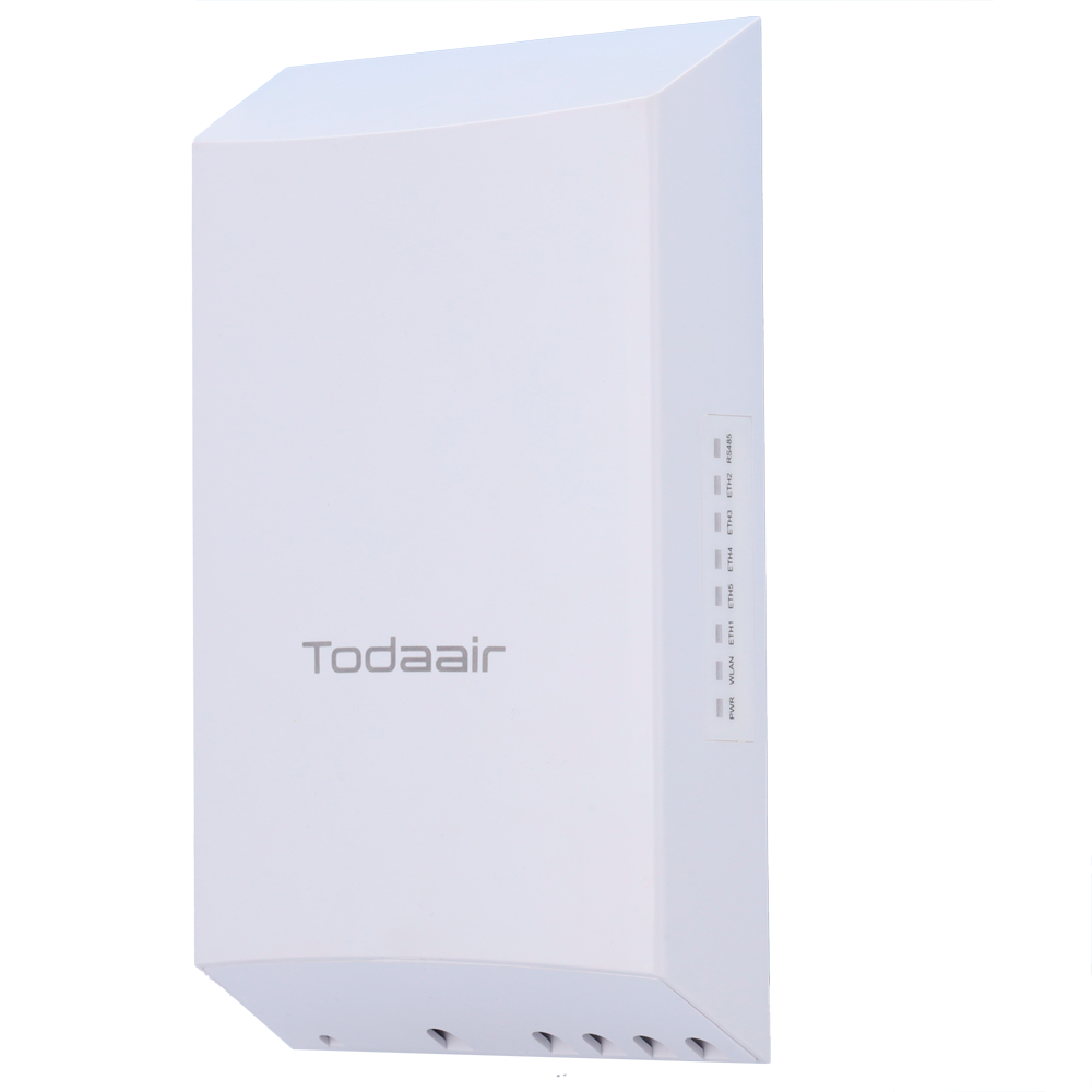 TODAIR TD-TD56304T-RS Bridge Wireless 5.8GHz Exterior com RS485 Roteador branco Todaair com seis ventoinhas, portas indicadas na lateral, etiqueta de modelo e fundo azul