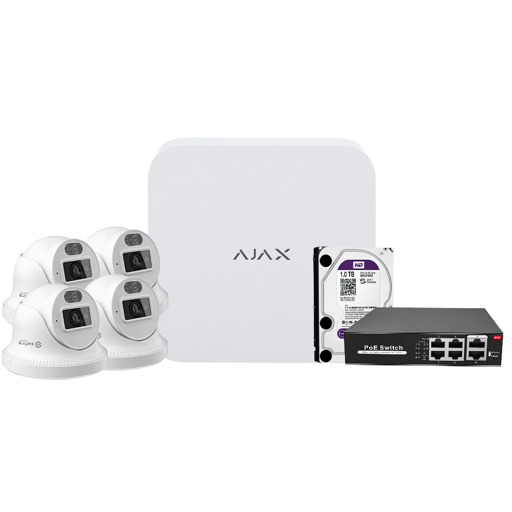 Kit Videovigilância Ajax 8 Canais com 4 Câmaras Safire Smart Dual Light Kit de vigilância com quatro câmaras, disco rígido WD 1TB, dispositivo AJAX branco e switch PoE preto.