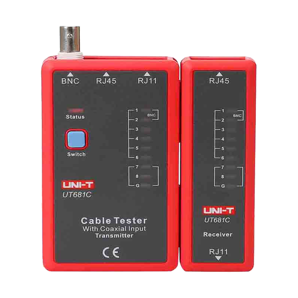 Testador de Cabos UNI-T UT681C | Verificação Profissional RJ45, RJ11 e BNC Testador de cabos vermelho e preto com conectores BNC, RJ45 e RJ11 e indicadores LED