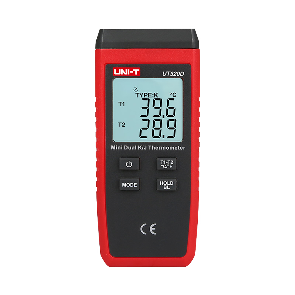 Termómetro Digital UNI-T UT320D Tipo K/J Dual Display Termómetro digital UNI-T UT320D com ecrã LCD e corpo preto e vermelho.