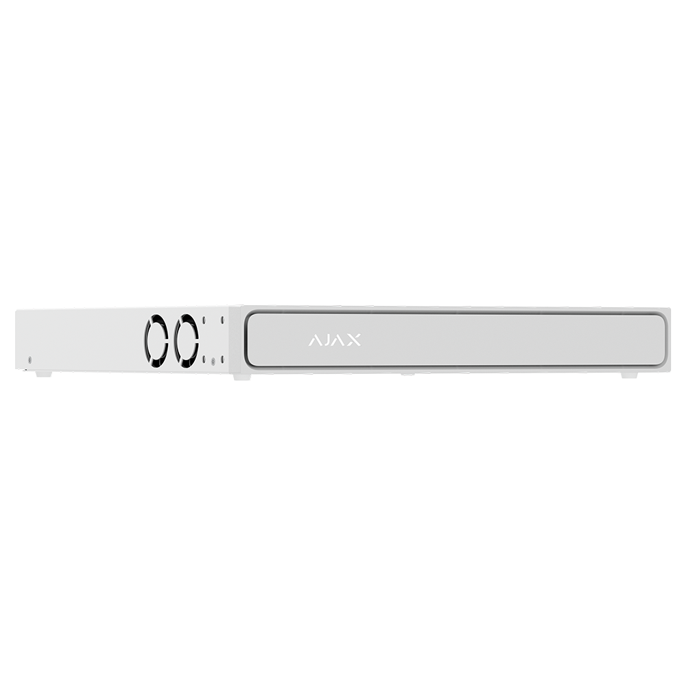 Gravador NVR Ajax 32 Canais 12MP | Superior, IA e H.265 | lojaCCTVPro Dispositivo eletrónico branco retangular com ventoinhas laterais e nome AJAX na frente.