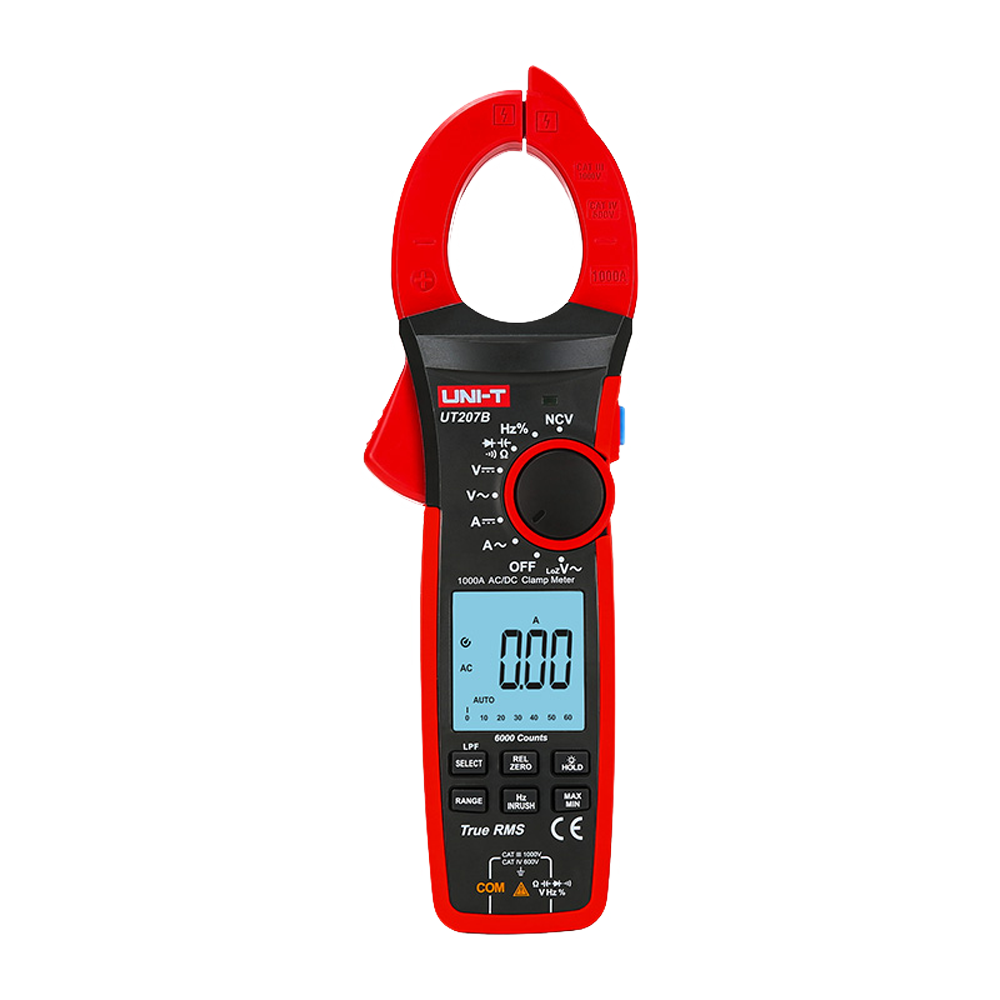 Pinça Amperimétrica Digital UNI-T UT207B AC/DC 1000A Multímetro digital de pinça vermelho e preto com visor LCD azul e botões pretos