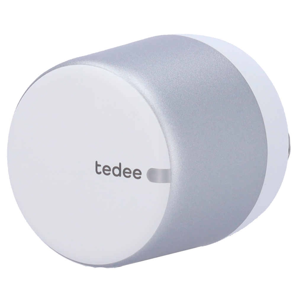 Tedee GO2-S Fechadura Inteligente Bluetooth Prata Dispositivo redondo prateado com parte frontal branca e logo tedee.