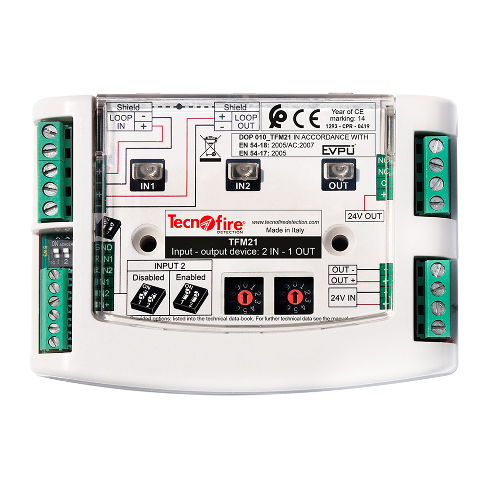 TECNOFIRE TF-TFM21 - Módulo Endereçável de 2 Entradas e 1 Saída Dispositivo eletrónico branco TecnoFire TFM21 com conexões de entrada e saída