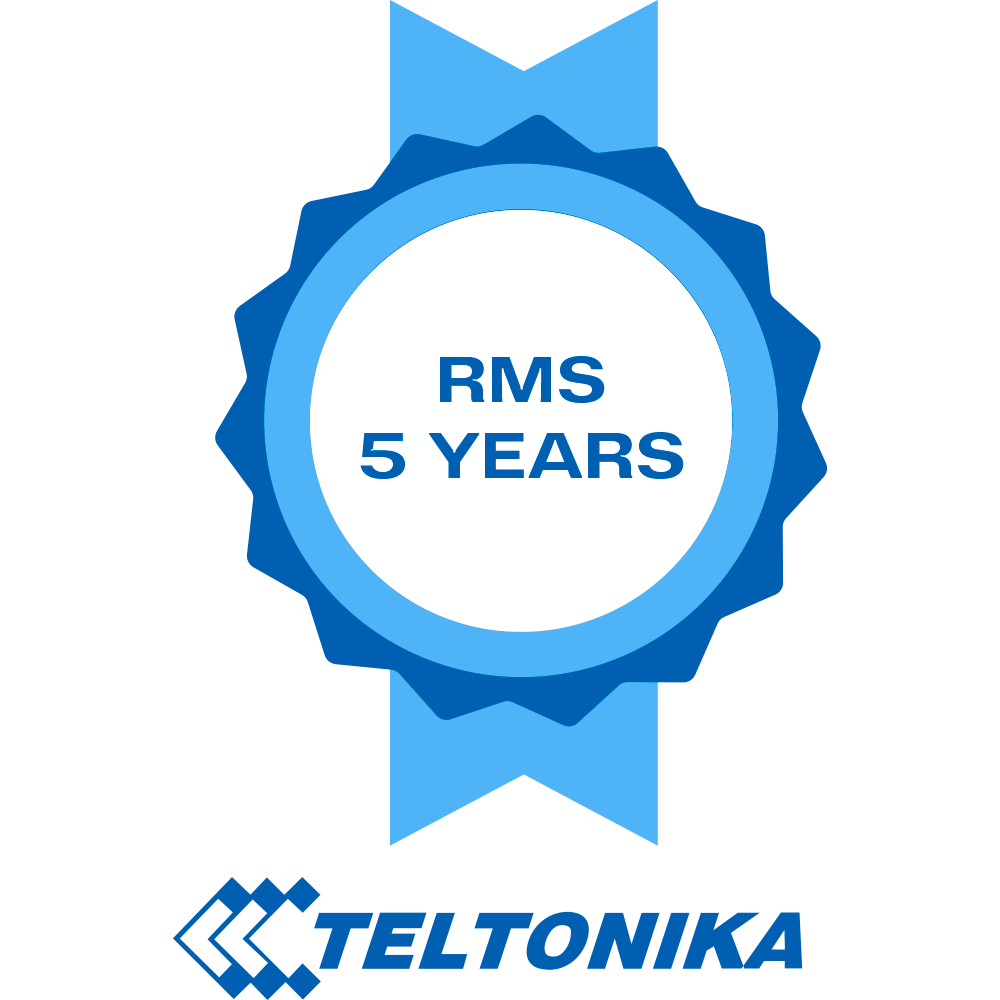 Teltonika Pack de 5 años de gestão para a Plataforma Cloud Teltonika RMS Cada licencia permite gestionar un router Teltonika em RMS durante 5 años-TK-RMS-5Y Selo azul com texto 'RMS 5 YEARS' e logótipo TELTONIKA