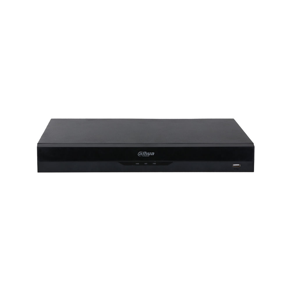 NVR IP Dahua WizSense de 32 Canais, 16 PoE – Gravação Inteligente com IA Gravador digital preto Dahua Technology com entradas USB e indicadores frontais