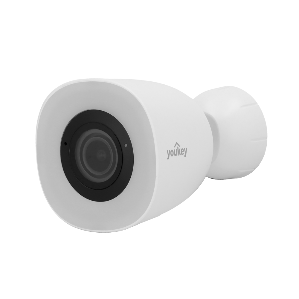 Câmara Bullet Youkey P320 4MP Wi-Fi | 2.8mm | Deteção Inteligente de Movimento Câmara de segurança branca youkey com lente preta e fita adesiva 3M
