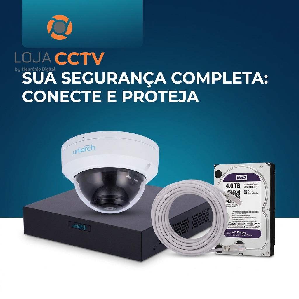 Kit Vigilância Uniarch NVR PoE 4 Canais 4MP Profissional Conjunto de câmeras de videovigilância branco Uniarch com gravador preto, disco rígido WD Purple 4.0TB e cabo cinza