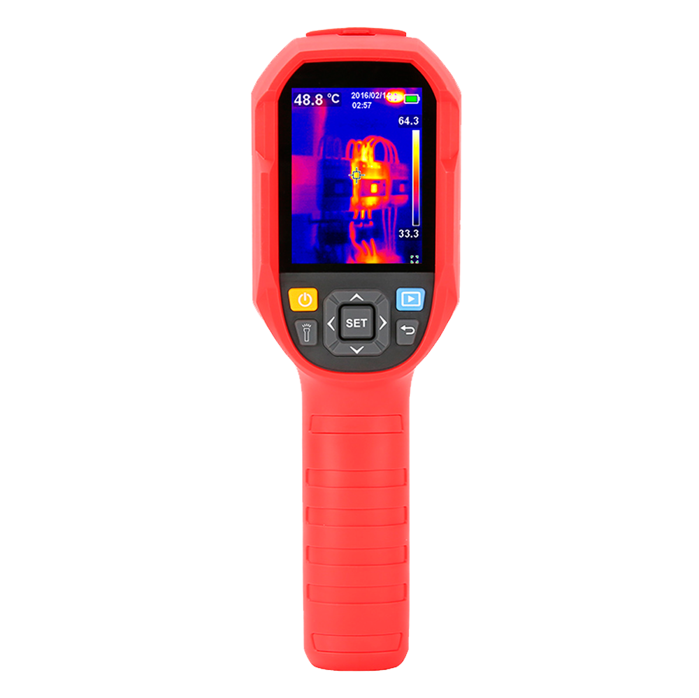 Câmara Termográfica Portátil UNI-TREND UTI260B - Inspeção Térmica de Alta Precisão Termómetro infravermelho vermelho com ecrã digital colorido mostrando imagem térmica.