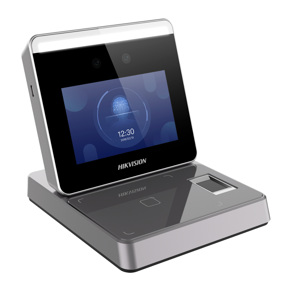 Leitor Biométrico de Mesa Hikvision DS-K1F600U-D6E-F com Ecrã 3.97" Dispositivo cinza e preto HIKVISION com ecrã digital e sensor biométrico
