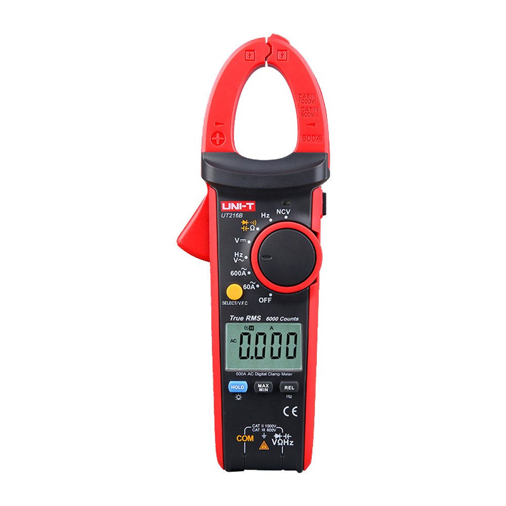 Pinça Amperimétrica Digital UNI-T UT216B True RMS AC/DC | lojaCCTVPro Aparelho medidor amperímetro digital tipo pinça vermelho e preto com ecrã LCD