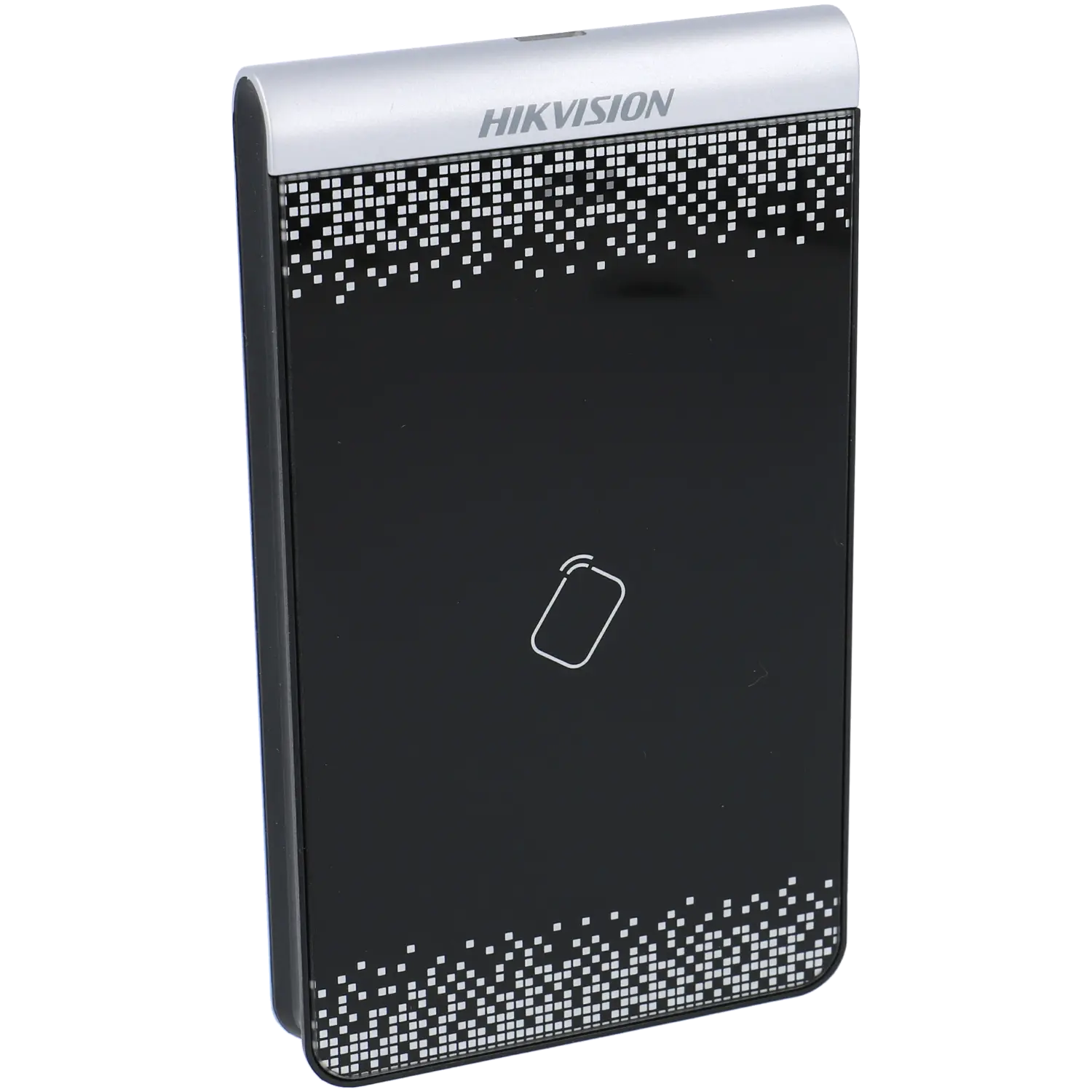 Leitor de Cartões Hikvision DS-K1F100-D8E USB para Controlo de Acessos Leitor de cartões Hikvision preto com padrão de quadrados brancos e ícone de cartão