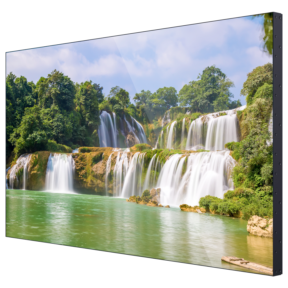 Monitor Videowall Hikvision 55" FHD 1.7mm Moldura DS-D2055EL-0A Ecrã digital a mostrar cascata com água e vegetação
