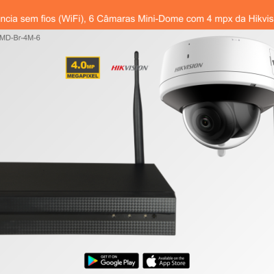 Sistema de videovigilância sem fios com gravador preto e câmara dome branca da Hikvision