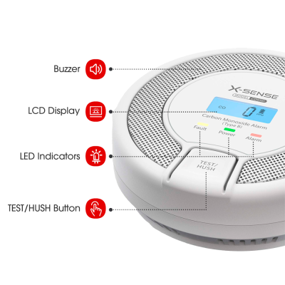 Detector de monóxido de carbono branco X-SENSE com visor LCD e botão TEST/HUSH.