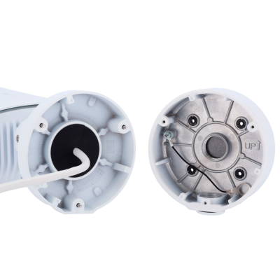 Partes internas de base para suporte de câmara de videovigilância em plástico branco e metal prateado