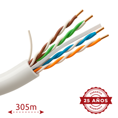 Cabo ethernet branco com fios coloridos trançados e selo de garantia de 25 anos.