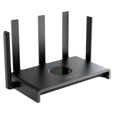 Roteador preto com seis antenas e luzes LED verdes