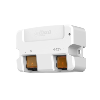 Dispositivo eletrónico branco Dahua com conectores laranja