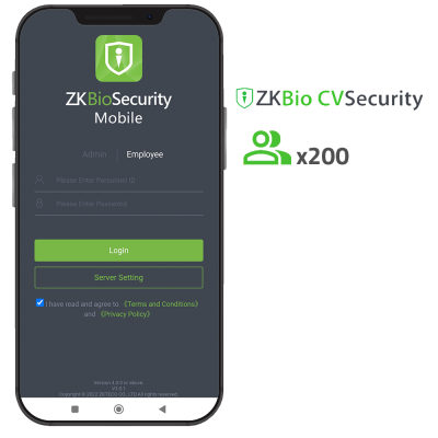 Ecrã de telemóvel com aplicação de segurança ZKBioSecurity Mobile para login de utilizadores.