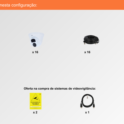 Componentes para sistema de videovigilância com câmaras, cabos, gravador, rato e sinais de aviso.