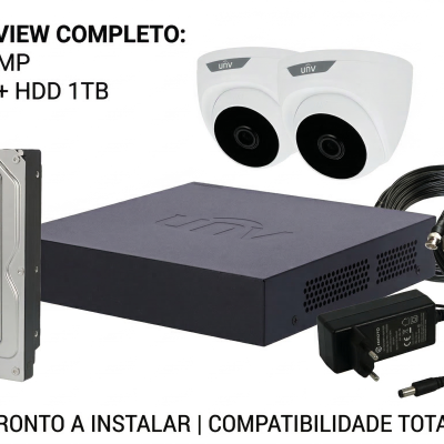 Kit CCTV completo com 2 câmaras, DVR, disco rígido e cabos.