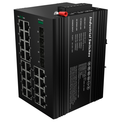 Comutador industrial preto com 24 portas Ethernet e etiqueta técnica