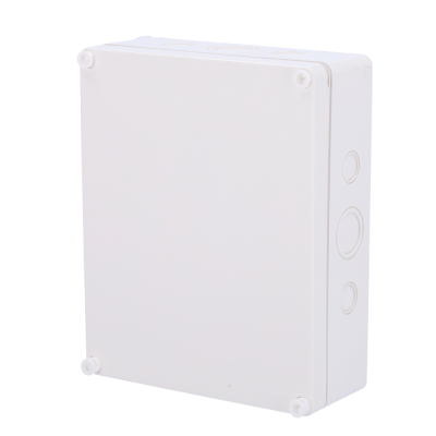 Caixa elétrica de plástico branco com parafusos e entradas circulares