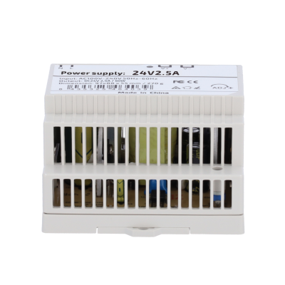 Fonte de alimentação branca com texto Power supply: 24V 2.5A e ventoinhas