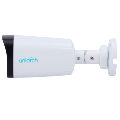 Câmara de vigilância branca com detalhes a preto e logo uniarch azul montada em suporte branco.