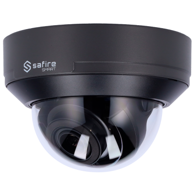 Câmara de segurança dome preta com lente visível e cobertura translúcida