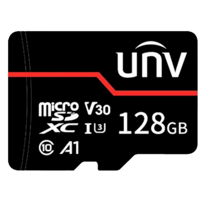Cartão Micro SDXC UNV 128GB preto com texto branco e detalhe vermelho